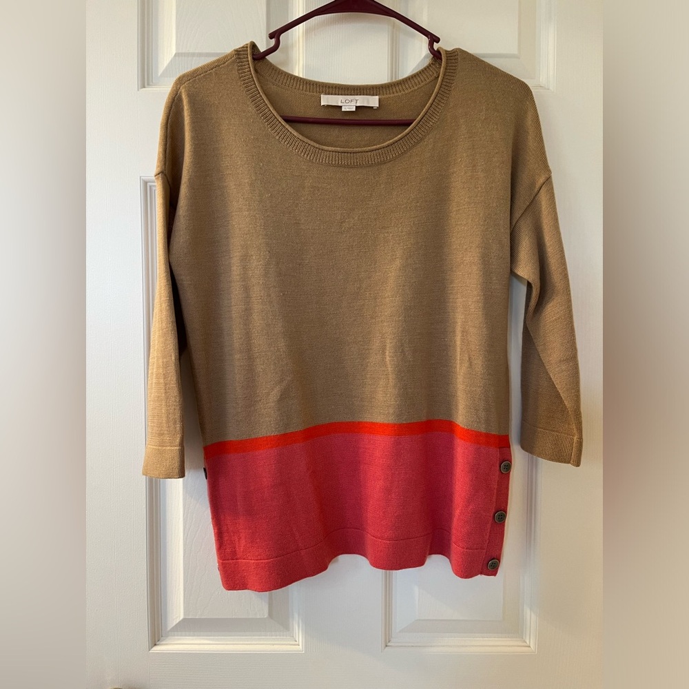 ann taylor LOFT women’s half sleeve camel brown and orange side button sweater - Picture 1 of 4